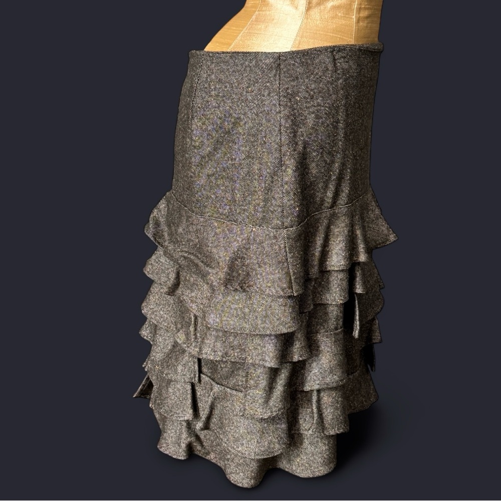 Talbots Tweed Skirt 6P Brown Wool Silk Donegal Fleck Ruffle Knee Length Y2K Work - Picture 3 of 13